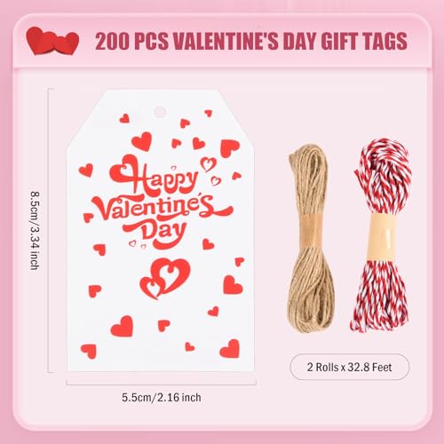 FOBSME 200 Pcs Red Valentine's Day Gift Tags with String 3.35x2.17 Inch Happy Valentine's Day Tags Paper Valentines Heart Hanging Tag for Gift Wrapping, Treat Bags, Party Decorations, DIY Crafts - Image 2