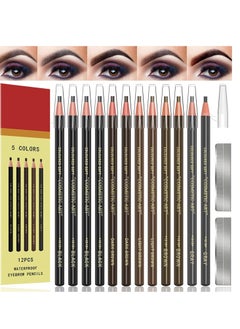 12Pcs Eyebrow Pencils Brow Pencil Set For Marking Waterproof Filling And Outlining Makeup And Microblading Supplies Kit-Permanent Eye Brow Liners In 5Colors(4 Black 6 Brown 2 Gray）