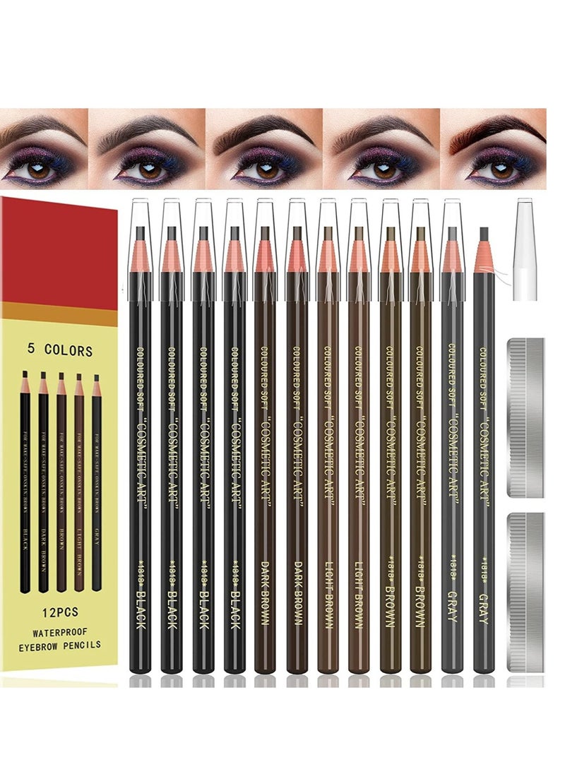 SYOSI - 12Pcs Eyebrow Pencils Brow Pencil Set For Marking Waterproof Filling And Outlining Makeup And Microblading Supplies Kit-Permanent Eye Brow Liners In 5Colors(4 Black 6 Brown 2 Gray） - Image 1