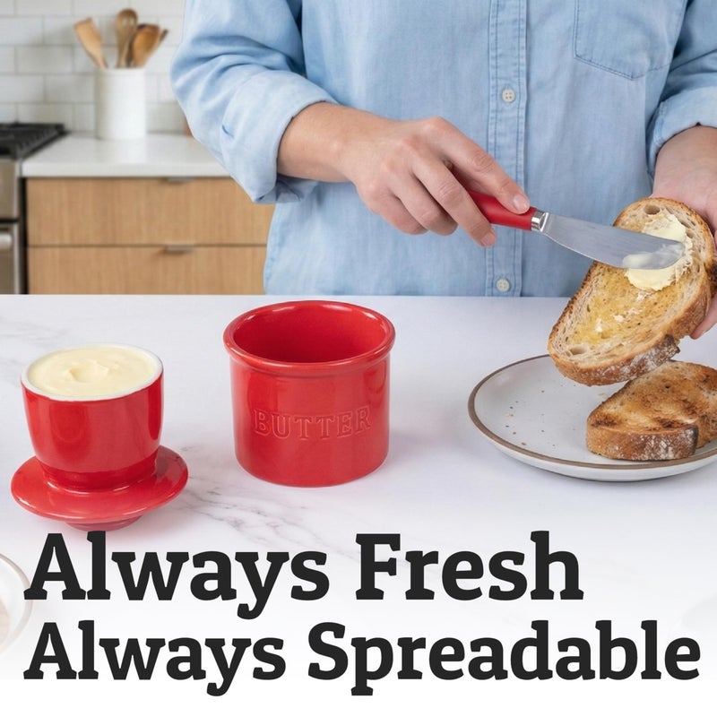 Priority Chef PriorityChef Butter Crock with Lid with Water Line, Ceramic French Butter Dish to Leave On Counter, Red - Image 4