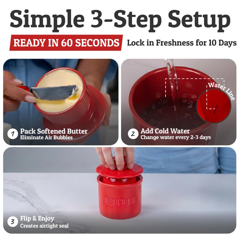 Priority Chef PriorityChef Butter Crock with Lid with Water Line, Ceramic French Butter Dish to Leave On Counter, Red - Image 3