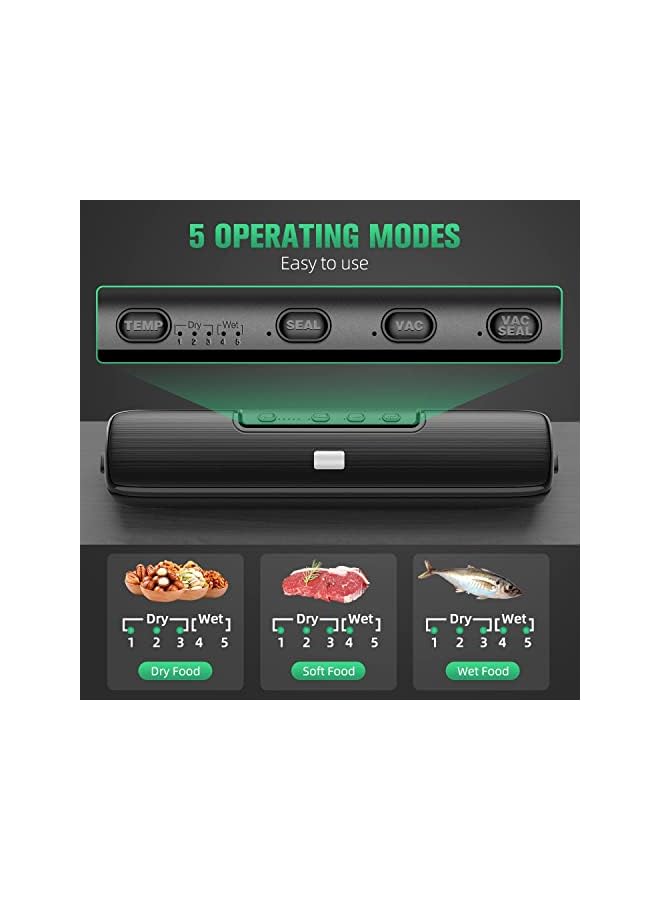 BLAZE For Food Saver - Food-Vacuum-Sealer Automatic Air Sealing System For Food Storage Dry And Wet Food Modes Compact Design 12.6 Inch With 15Pcs Seal Bags Starter Kit (Black) - Image 5