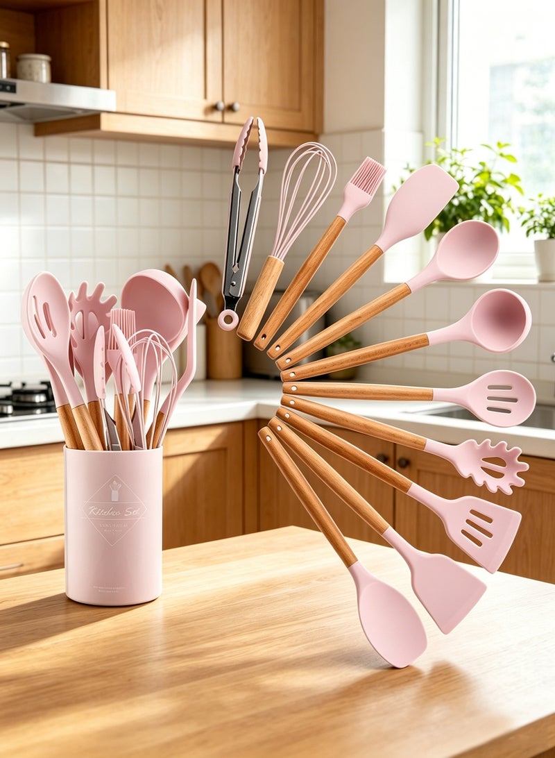 11PCS Silicone Kitchen Utensils Set with Wooden Handles, Non-Stick Heat Resistant Cooking Tools with Storage Holder, Complete Spatula Spoon Whisk Tongs Kit for Cooking Baking - Image 1
