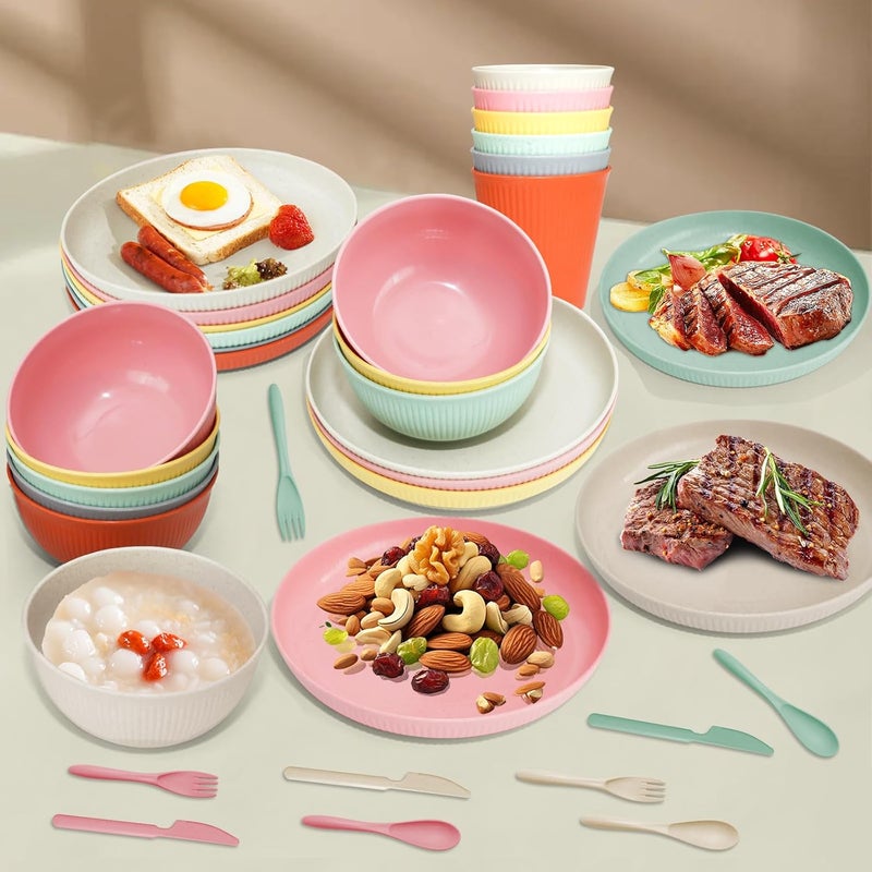 DAPIPIK 36 pcs Wheat Straw Dinnerware Sets Unbreakable Reusable Dinnerware Set ，Lightweight Camping Plates Cups and Bowls Set. Dishwasher Microwave Safe Dinnerware - Image 5