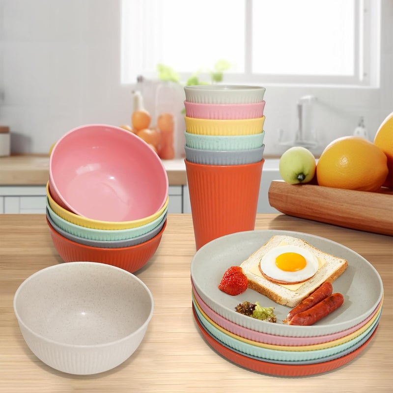 DAPIPIK 36 pcs Wheat Straw Dinnerware Sets Unbreakable Reusable Dinnerware Set ，Lightweight Camping Plates Cups and Bowls Set. Dishwasher Microwave Safe Dinnerware - Image 3