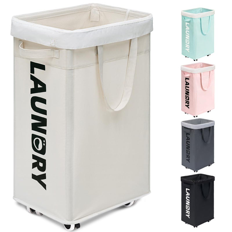 Goodpick Laundry Hamper with Wheels 75L College Dorm Room Essentials Clothes Hamper with Removable Wash Bag for Bedroom Large Laundry Basket with Handle White