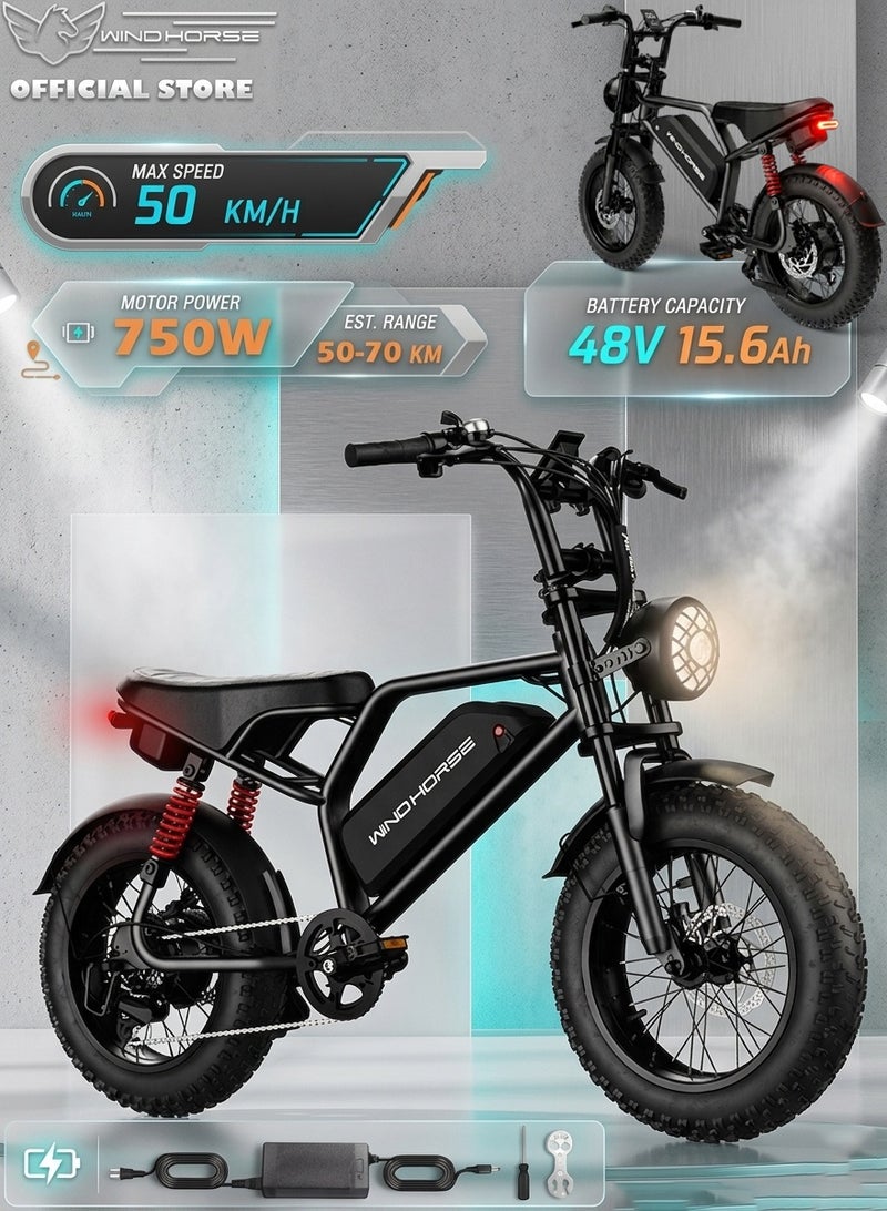 Wind Horse V8 Mini Electric Bike 750W Motor (1255W Peak Power) – 48V 15.6Ah Battery, 50KM/H Speed, 60KM Range, Bluetooth Speaker, Artificial Engine Sound, Dual Disc Brakes - Image 1
