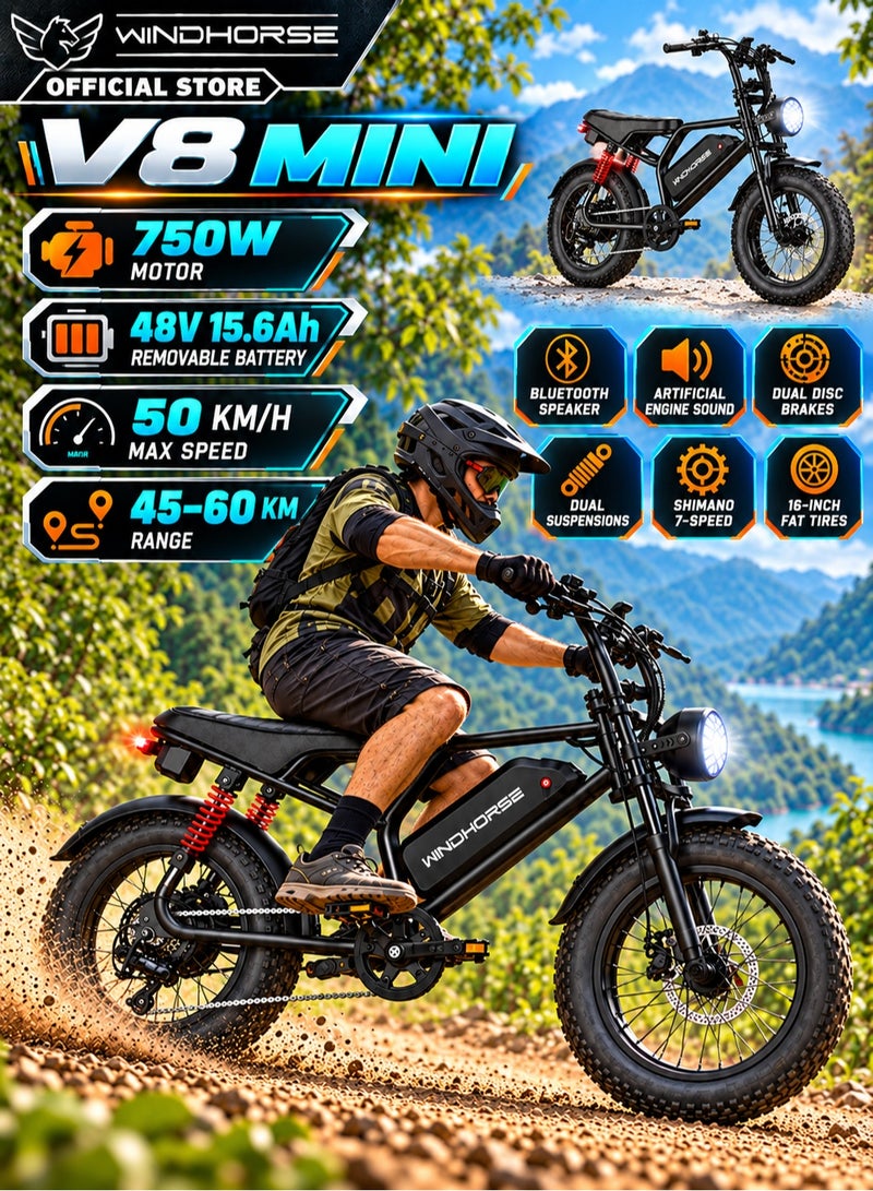 Wind Horse V8 Mini Electric Bike 750W Motor (1255W Peak Power) – 48V 15.6Ah Battery, 50KM/H Speed, 60KM Range, Bluetooth Speaker, Artificial Engine Sound, Dual Disc Brakes - Image 1