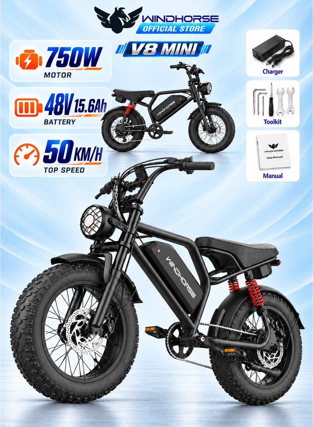 V8 Mini Electric Bike 750W Motor (1255W Peak Power) – 48V 15.6Ah Battery, 50KM/H Speed, 60KM Range, Bluetooth Speaker, Artificial Engine Sound, Dual Disc Brakes