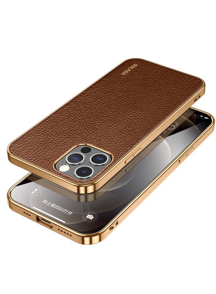 SULADA Case for Apple iPhone 14 Pro Max 6.7 inch Slim Luxury Business Style Retro Classic PU Electroplate Shiny Gold Frame Soft Hybrid Bumper Shockproof Cover Protective Cover Brown - Image 1