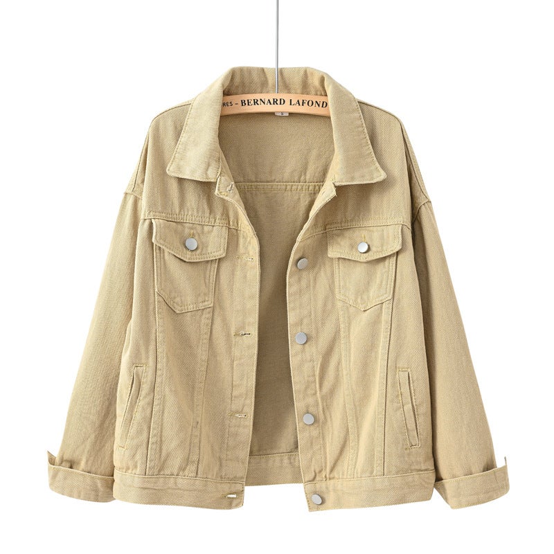 Spring Fall Colorful Plus-Size Denim Jacket Womens Loose Fit Casual BF Style Khaki 