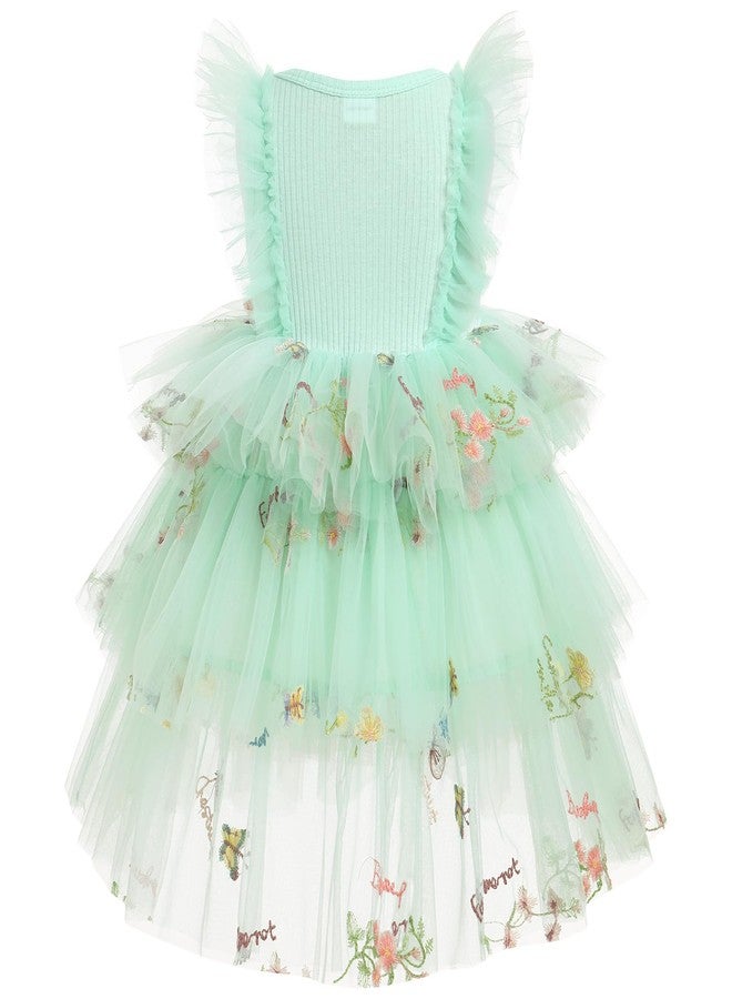 OBEEII Toddler Baby Flower Girl Dress Floral Embroidery Tiered Tulle Tutu Dress with Headband Formal Pageant Princess Birthday Party Cake Smash Photoshoot Dress Green 9-12 Months - Image 3