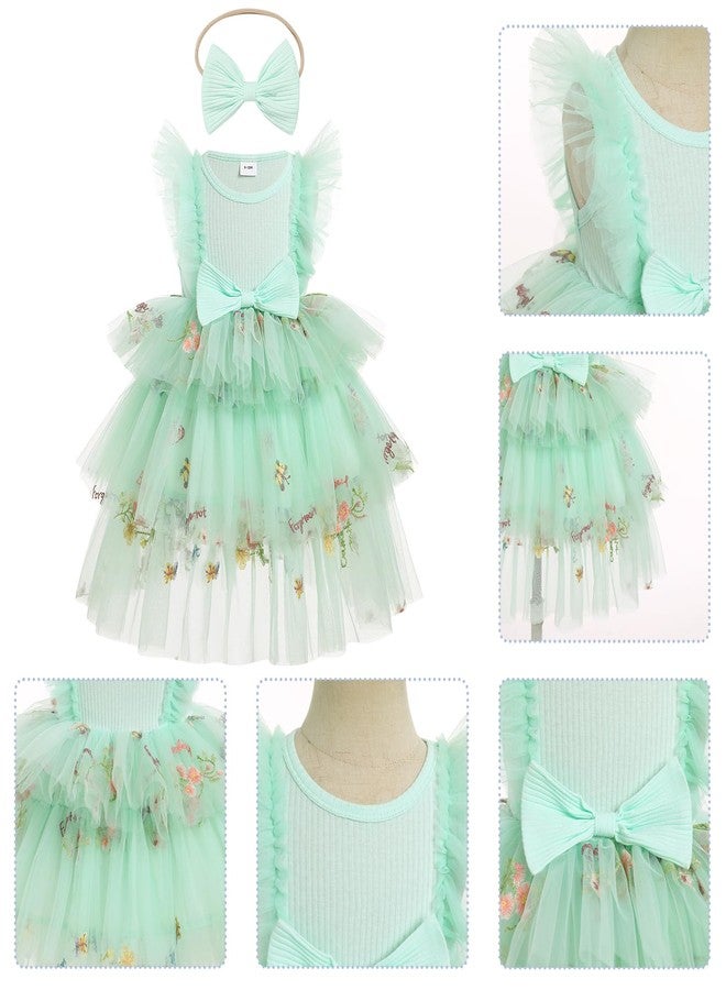 OBEEII Toddler Baby Flower Girl Dress Floral Embroidery Tiered Tulle Tutu Dress with Headband Formal Pageant Princess Birthday Party Cake Smash Photoshoot Dress Green 9-12 Months - Image 5