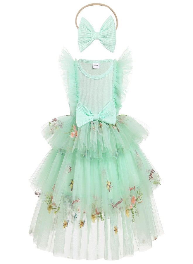 OBEEII Toddler Baby Flower Girl Dress Floral Embroidery Tiered Tulle Tutu Dress with Headband Formal Pageant Princess Birthday Party Cake Smash Photoshoot Dress Green 9-12 Months - Image 1