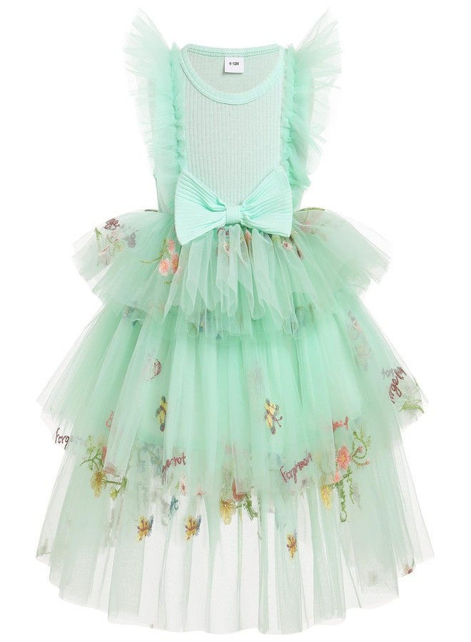 OBEEII Toddler Baby Flower Girl Dress Floral Embroidery Tiered Tulle Tutu Dress with Headband Formal Pageant Princess Birthday Party Cake Smash Photoshoot Dress Green 9-12 Months - Image 2