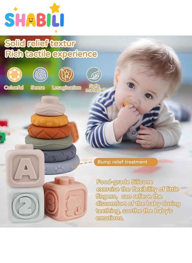 شبيلي مجموعة تكديس وتداخل ناعمة للرضع 13 قطعة لعمر 6–12 شهرًا، مكعبات وحلقات حسية بأسلوب منتسوري، سيليكون خالٍ من BPA لألعاب التسنين والعصر، بدمية كوالا علوية، ألوان متعددة - Image 3
