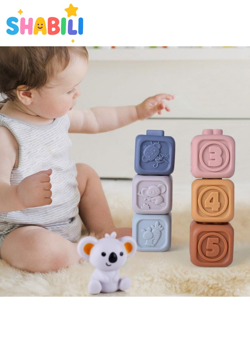شبيلي مجموعة تكديس وتداخل ناعمة للرضع 13 قطعة لعمر 6–12 شهرًا، مكعبات وحلقات حسية بأسلوب منتسوري، سيليكون خالٍ من BPA لألعاب التسنين والعصر، بدمية كوالا علوية، ألوان متعددة - Image 2