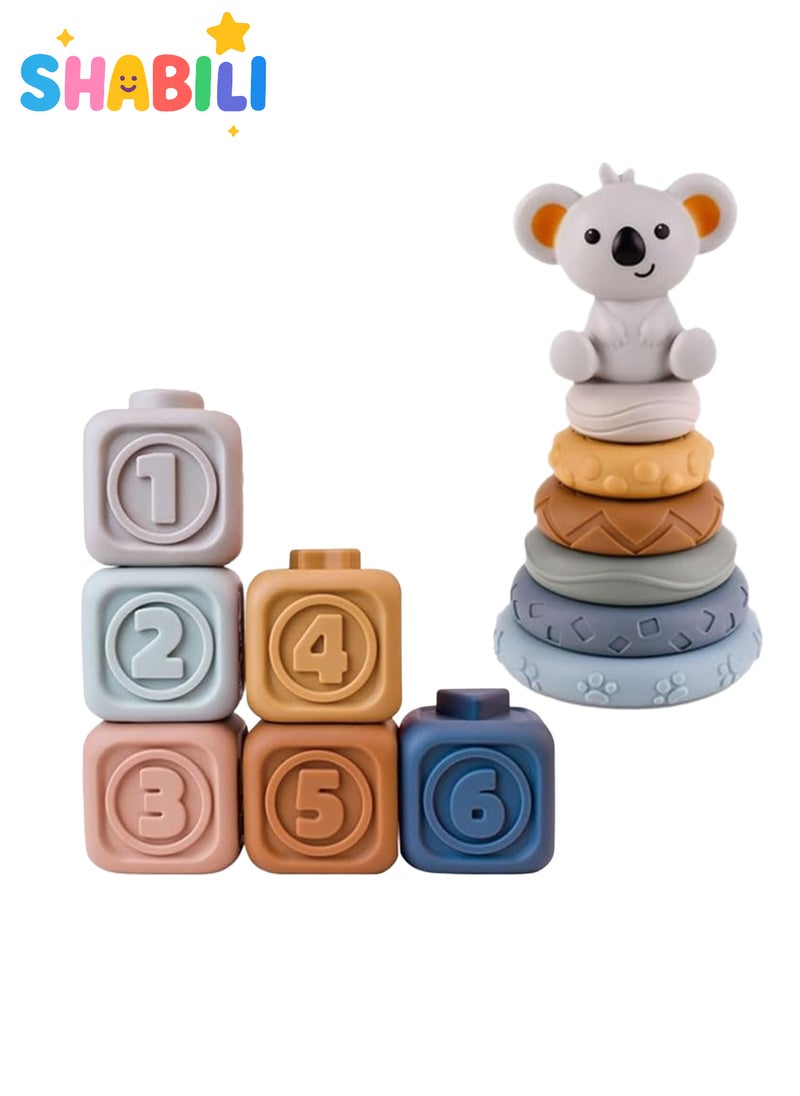 شبيلي مجموعة تكديس وتداخل ناعمة للرضع 13 قطعة لعمر 6–12 شهرًا، مكعبات وحلقات حسية بأسلوب منتسوري، سيليكون خالٍ من BPA لألعاب التسنين والعصر، بدمية كوالا علوية، ألوان متعددة - Image 1