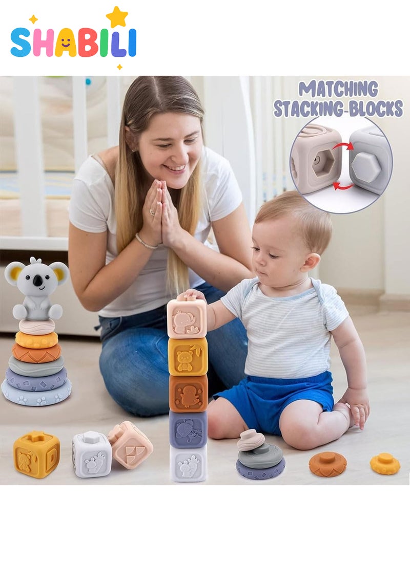 شبيلي مجموعة تكديس وتداخل ناعمة للرضع 13 قطعة لعمر 6–12 شهرًا، مكعبات وحلقات حسية بأسلوب منتسوري، سيليكون خالٍ من BPA لألعاب التسنين والعصر، بدمية كوالا علوية، ألوان متعددة - Image 4