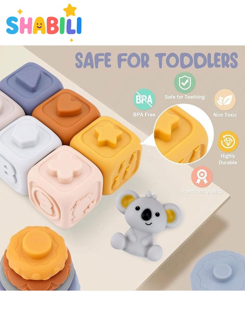 شبيلي مجموعة تكديس وتداخل ناعمة للرضع 13 قطعة لعمر 6–12 شهرًا، مكعبات وحلقات حسية بأسلوب منتسوري، سيليكون خالٍ من BPA لألعاب التسنين والعصر، بدمية كوالا علوية، ألوان متعددة - Image 5