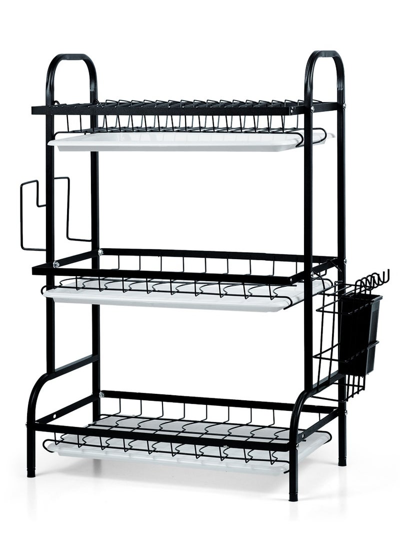 Dish Drying Kitchen Rack, 3 Tier, Storage Organizer, Carbon Steel and Rust-Proof, with Drip Tray, Knife Holder, Cutting Board Holder, Black - Image 1