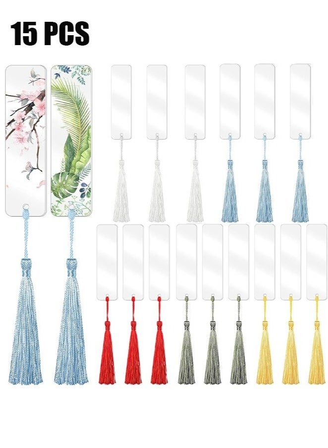 KENSON 15 Pieces Blank Acrylic Bookmark Set Craft Clear Acrylic Blank Bookmark with Mini Bookmark Tassel, DIY Projects and Present Tag Crafts Party Decor - Image 1