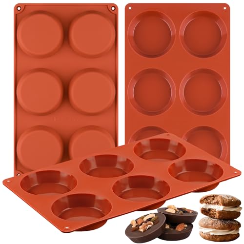 Sakolla 3 Pack Muffin Top Pans 6 Cavities Silicone Egg Molds for Breakfast Sandwiches Whoopie Pies Hamburger Bun English Muffins Tarts Corn Bread Brick Red - Image 1
