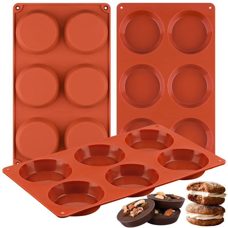Sakolla 3 Pack Muffin Top Pans 6 Cavities Silicone Egg Molds for Breakfast Sandwiches Whoopie Pies Hamburger Bun English Muffins Tarts Corn Bread Brick Red - Image 2