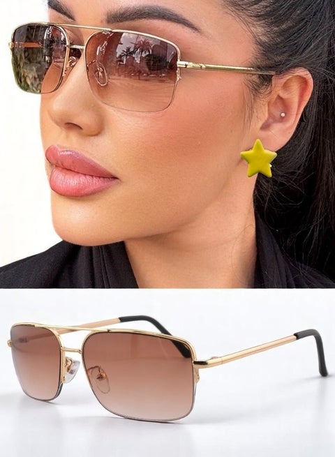 Stylish Women's Sunglasses with Metallic Gold Frame and Square Brown Lenses