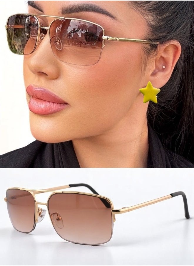 Zence Design Stylish Women's Sunglasses with Metallic Gold Frame and Square Brown Lenses  - Image 1
