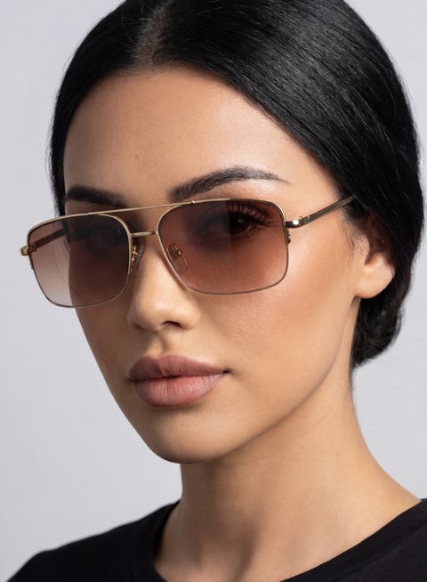 Stylish Women's Sunglasses with Metallic Gold Frame and Square Brown Lenses