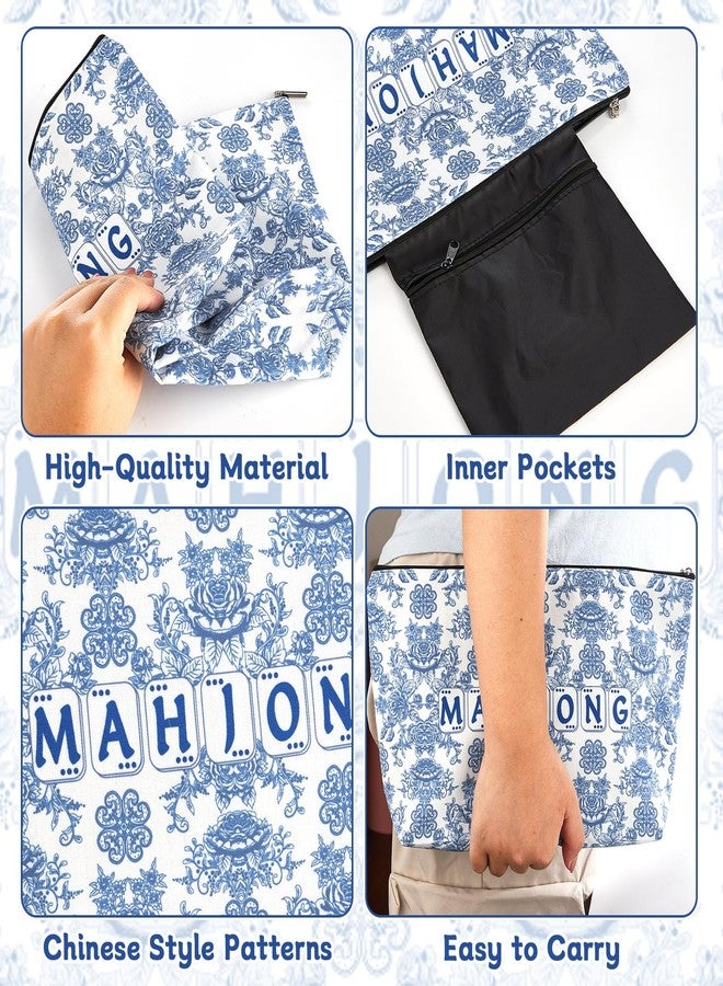 Bornerwhite Empty Mahjong Tiles Bag with Zippered 13x7.8 Inch Thickened Blue Print American Bag for 1.2 Inches Standard Size American Mahjong Tiles Accessories and Gifts(Case Only) - Image 3