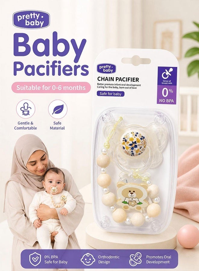 بريتي بيبي لهاية أطفال مع سلسلة تثبيت اللهاية، لهاية سيليكون تقويمية خالية من BPA لعمر 0-6 أشهر، مصاصة حديثي الولادة مع حامل لهاية خرز، تحاكي الرضاعة الطبيعية، طقم هدية للأطفال - Image 1