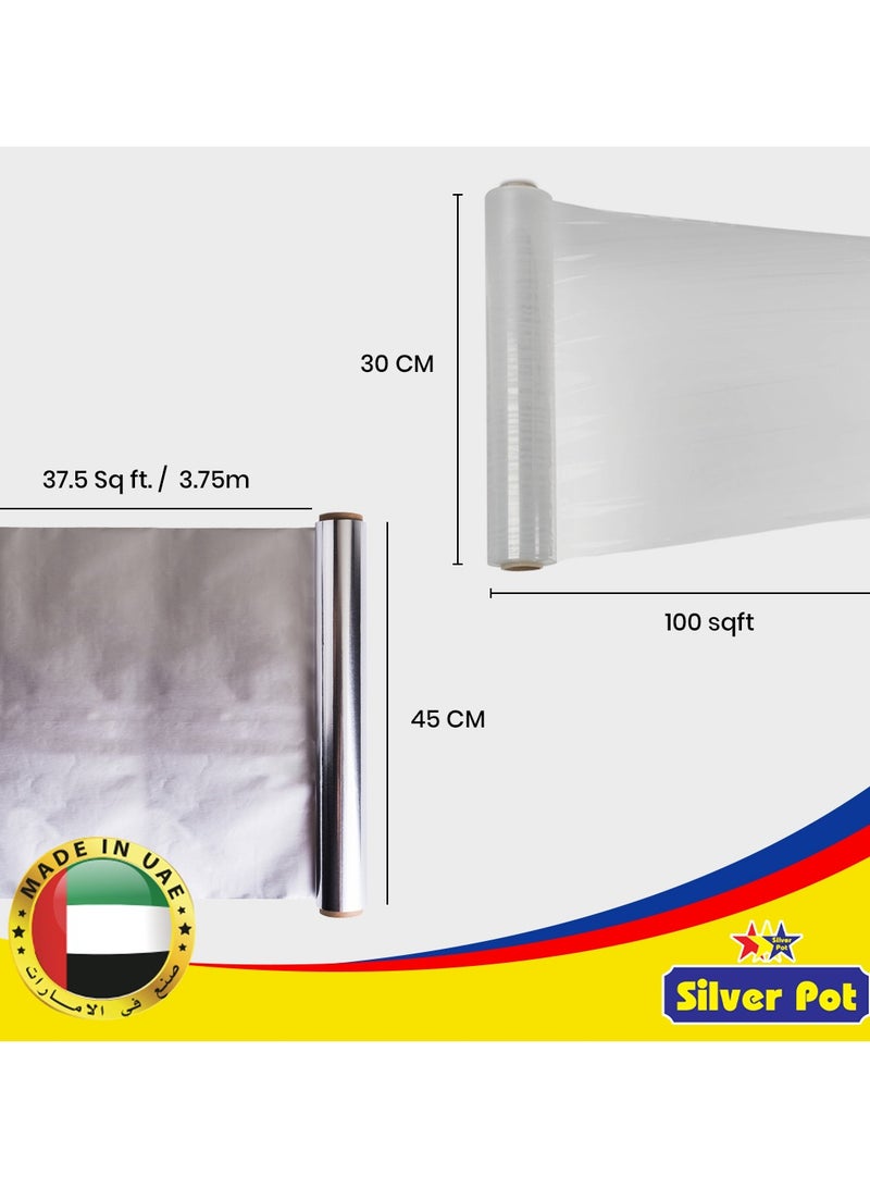 Silver Pot عبوة ترويجية من ورق الألمنيوم الثقيل - 2 لفة (45 سم × 3.75 م لكل منها) بالإضافة إلى 1 فيلم لاصق مجاني - متين ومتعدد الاستخدامات للطهي، الخبز، التغليف، وتخزين الطعام - Image 4