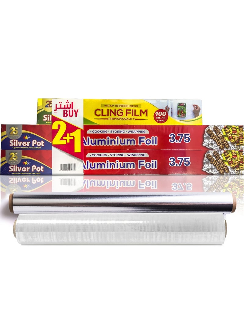 Silver Pot عبوة ترويجية من ورق الألمنيوم الثقيل - 2 لفة (45 سم × 3.75 م لكل منها) بالإضافة إلى 1 فيلم لاصق مجاني - متين ومتعدد الاستخدامات للطهي، الخبز، التغليف، وتخزين الطعام - Image 1