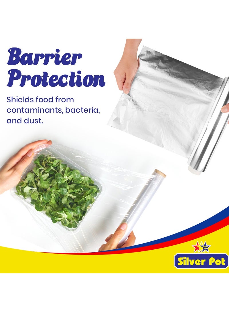 Silver Pot عبوة ترويجية من ورق الألمنيوم الثقيل - 2 لفة (45 سم × 3.75 م لكل منها) بالإضافة إلى 1 فيلم لاصق مجاني - متين ومتعدد الاستخدامات للطهي، الخبز، التغليف، وتخزين الطعام - Image 2