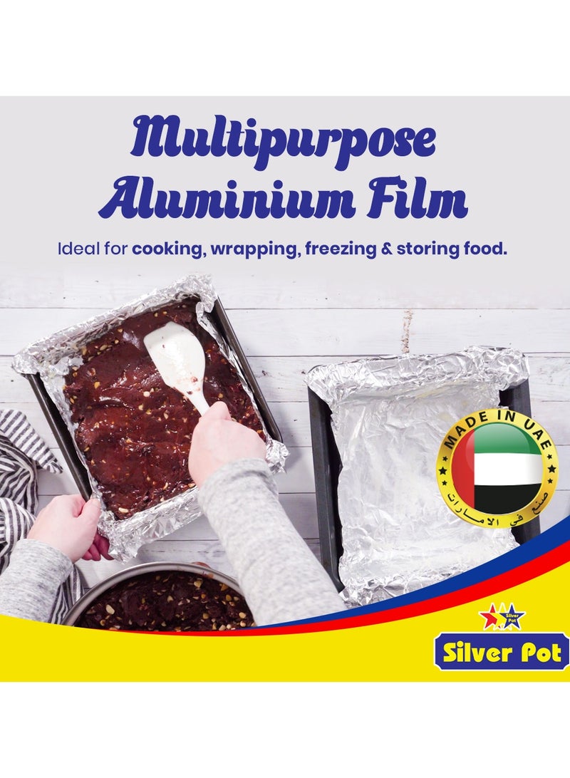 Silver Pot عبوة ترويجية من ورق الألمنيوم الثقيل - 2 لفة (45 سم × 3.75 م لكل منها) بالإضافة إلى 1 فيلم لاصق مجاني - متين ومتعدد الاستخدامات للطهي، الخبز، التغليف، وتخزين الطعام - Image 5