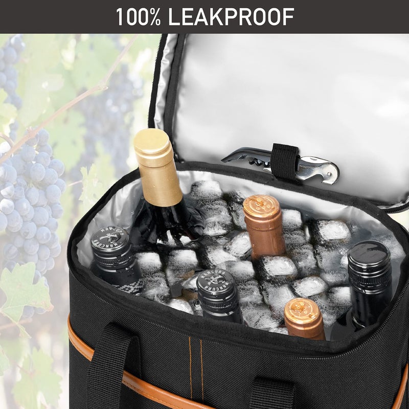 opux 6 Bottle Carrier Tote | Insulated Padded Wine Cooler Bag for Travel. Picnic, BYOB | Portable Leakproof Wine Tote Bag for Dinner, Party, Christmas, Wine Gift for Women, Men (Brown) - Image 5