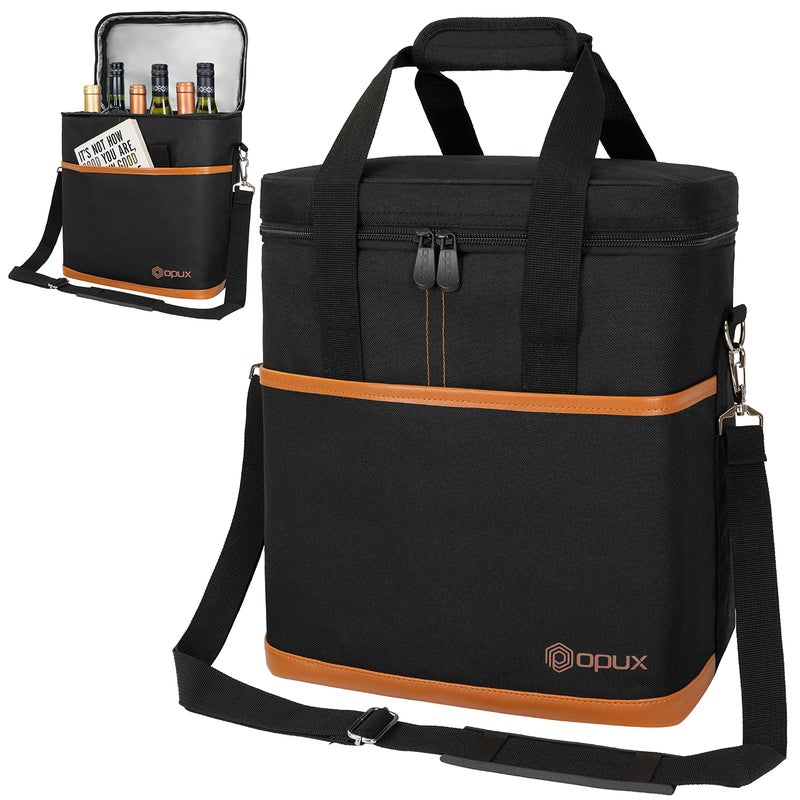 opux 6 Bottle Carrier Tote | Insulated Padded Wine Cooler Bag for Travel. Picnic, BYOB | Portable Leakproof Wine Tote Bag for Dinner, Party, Christmas, Wine Gift for Women, Men (Brown) - Image 1