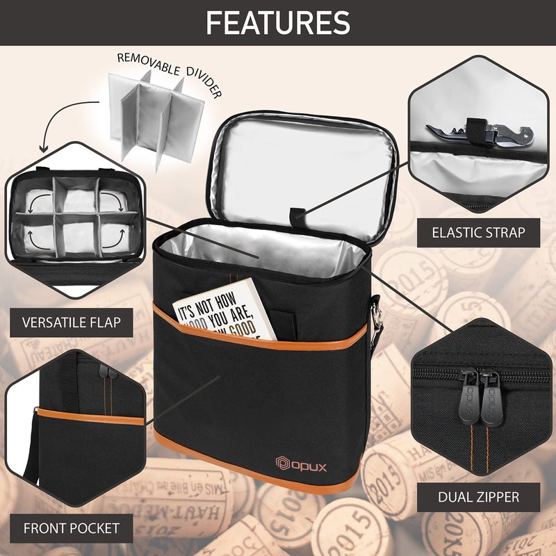 opux 6 Bottle Carrier Tote | Insulated Padded Wine Cooler Bag for Travel. Picnic, BYOB | Portable Leakproof Wine Tote Bag for Dinner, Party, Christmas, Wine Gift for Women, Men (Brown) - Image 4