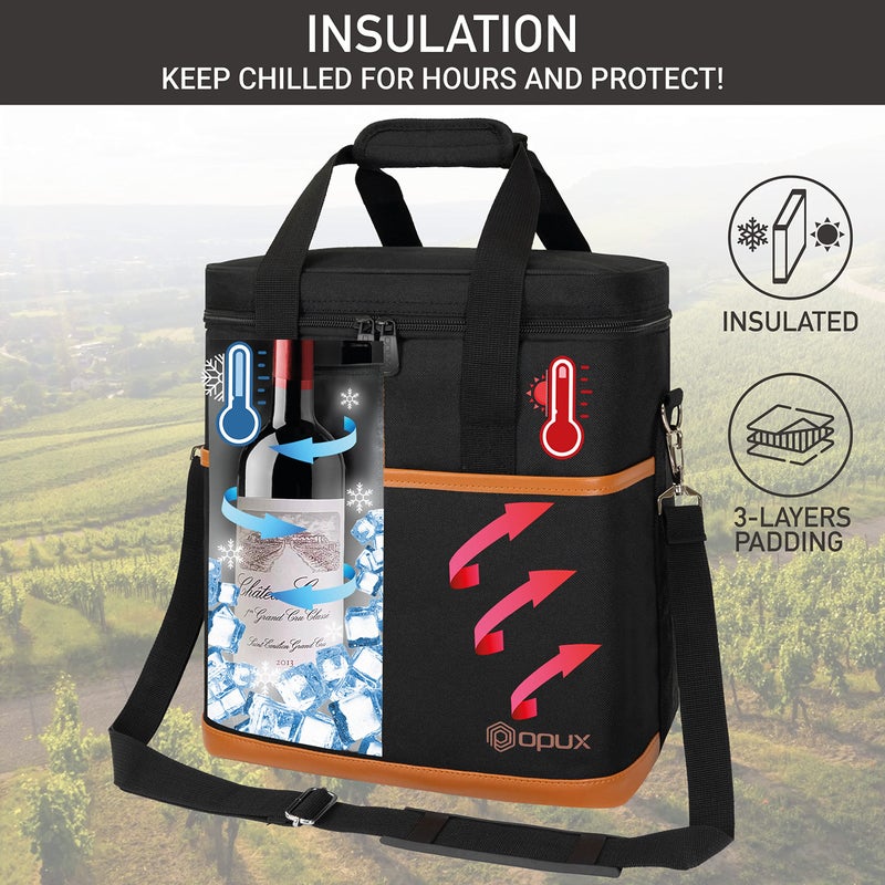 opux 6 Bottle Carrier Tote | Insulated Padded Wine Cooler Bag for Travel. Picnic, BYOB | Portable Leakproof Wine Tote Bag for Dinner, Party, Christmas, Wine Gift for Women, Men (Brown) - Image 2