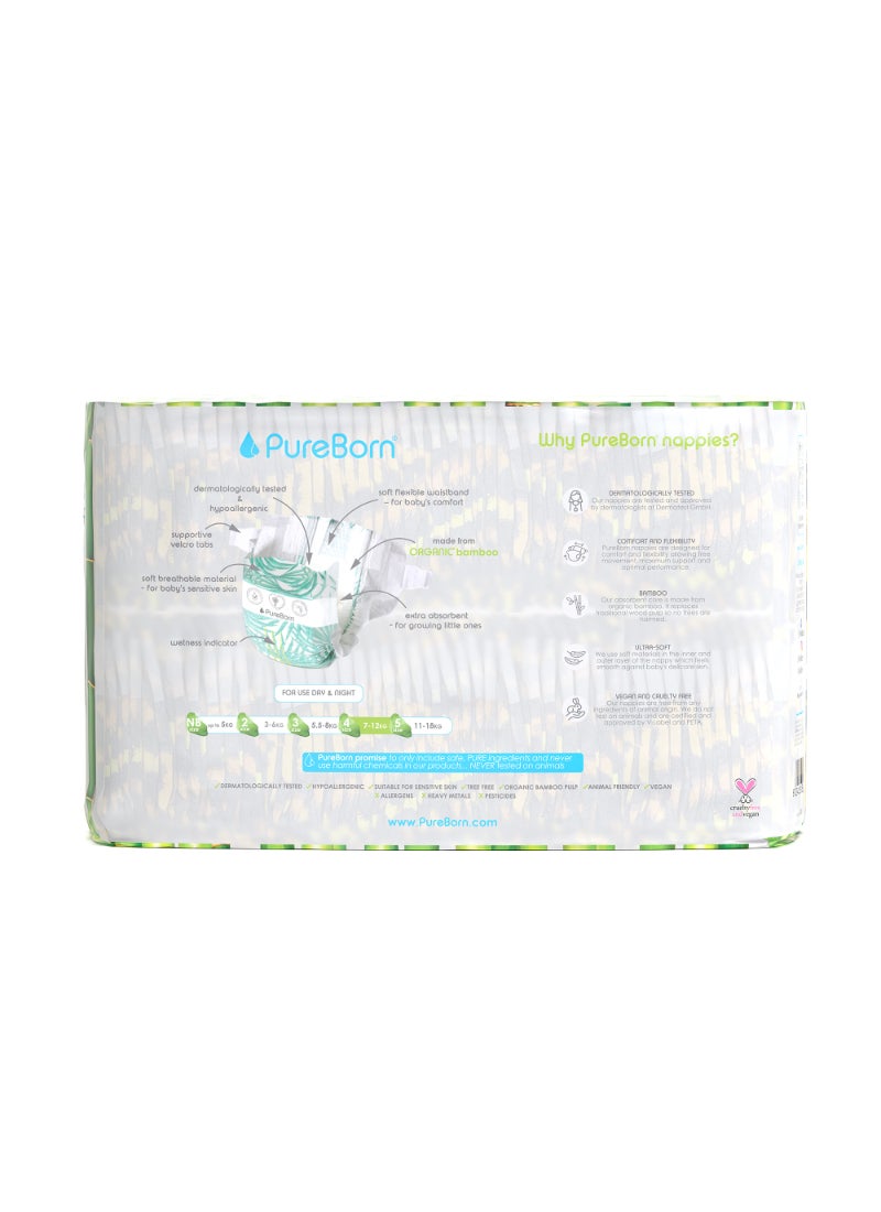 PureBorn Organic Bamboo Tape Style Diapers Leopard Print Size 4 7-12kg  With Wetness Indicator 96 Diapers - Image 2