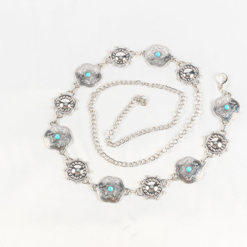 حزام وسط معدن حريمي فضي مرصعة بحجر فيروزي - Image 1