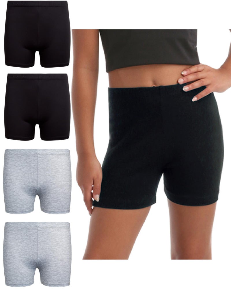 Rene Rofe Girls Athletic Shorts - 4 Pack Soft Stretch Breathable Girls Bike Shorts Four-Way Stretch Cheer Dance Sports Short, Size 10-12, Black/Black/Grey/Grey - Image 1