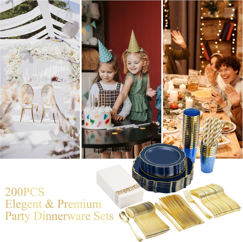 ISFANGCO 200 قطعة من الأطباق البلاستيكية الزرقاء الفاخرة لـ 25 ضيفًا، أطباق زرقاء وذهبية ثقيلة يمكن التخلص منها، تشمل 25 طبق عشاء/حلوى بلاستيكي، 25 مجموعة أدوات فضية، 25 كوبًا، ماصات للحفلات والتخرج - Image 5
