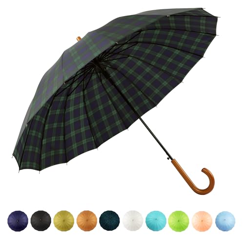 SoulRain Plaid Umbrella 16 Ribs 48 Stick Umbrella Auto Open Vintage Cane Big Umbrella WithClassic Wood HandleWindproof Unbreakable Strong Wind Resistant Umbrellas AdultGrid Navy - Image 1