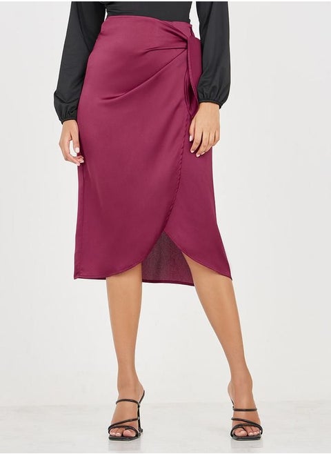 Satin Wrap Front Midi Skirt