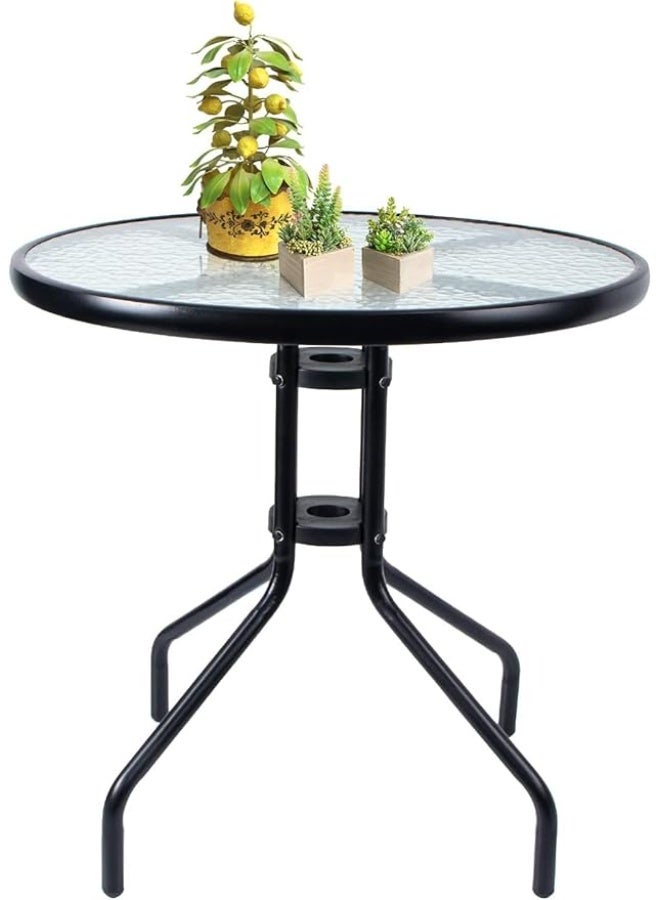 HEXAR Outdoor Table Round Patio Dining Table Coffee Table Side Table Garden Table Outdoor Indoor Furniture with Metal Frame and Tempered Water Ripple Glass Top for Garden Backyard Porch Deck (CLASSIC) - Image 1
