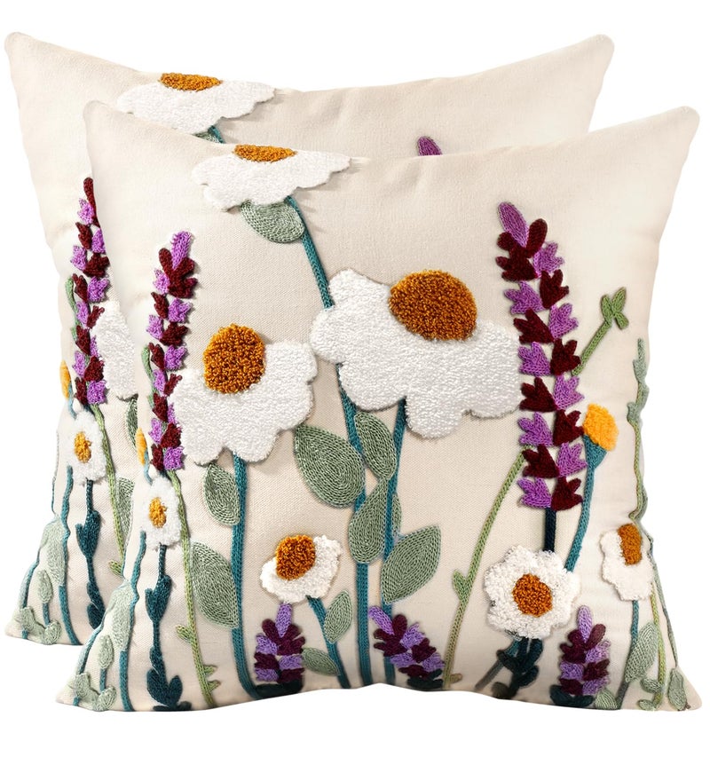 Kokaaee Embroidered Throw Pillow Covers 18x18 Inch Set of 2 Summer Decorative Pillow Covers with Zipper Aesthetic Cute Design Throw Pillowcases for Couch Sofa Bed Wild Floral - Image 2