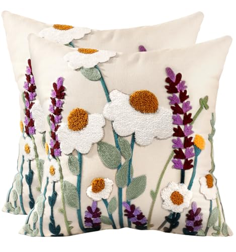 Kokaaee Embroidered Throw Pillow Covers 18x18 Inch Set of 2 Summer Decorative Pillow Covers with Zipper Aesthetic Cute Design Throw Pillowcases for Couch Sofa Bed Wild Floral - Image 1